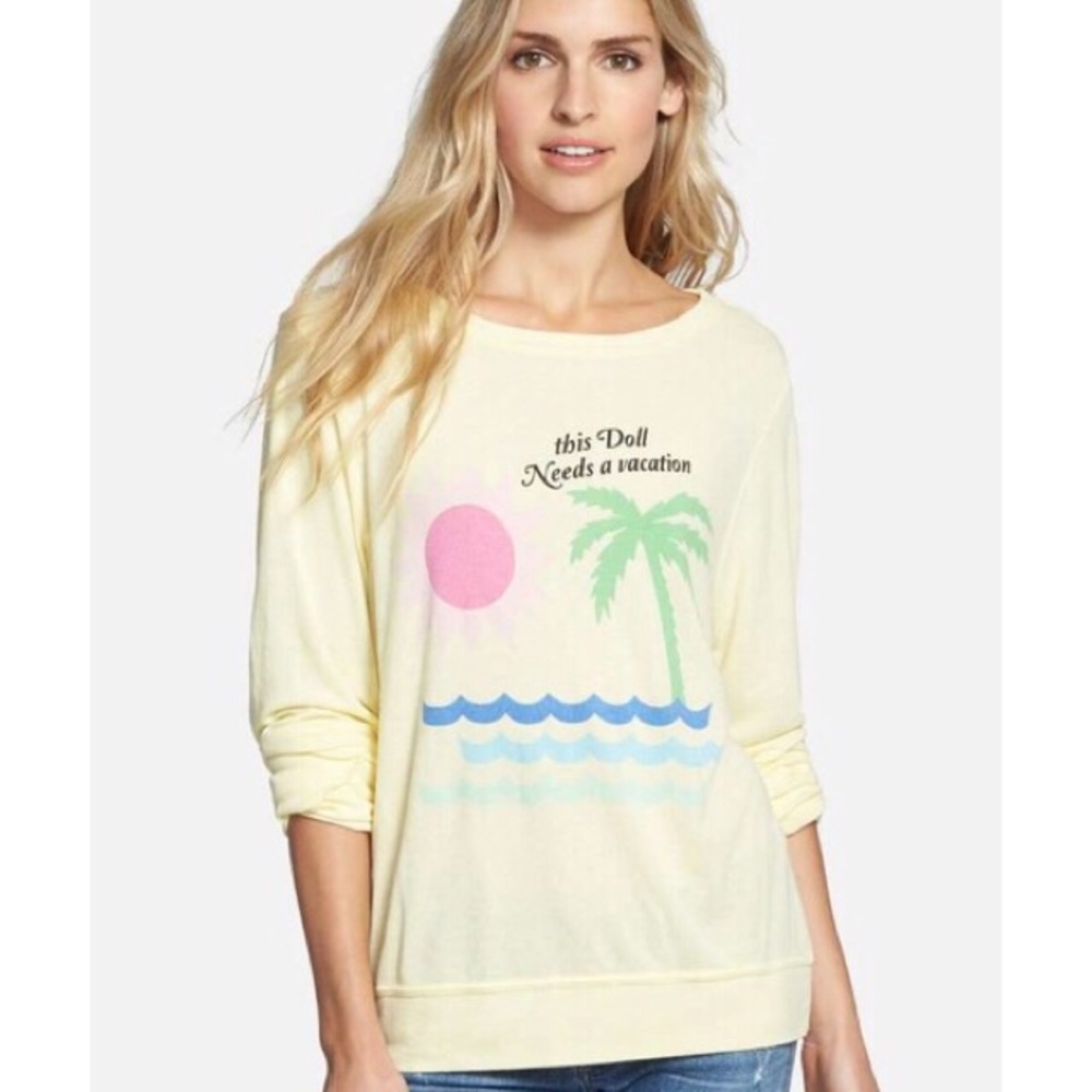 Wildfox “This Doll Needs a Vacation” Long Sleeve Tee Shirt Top Medium Yellow